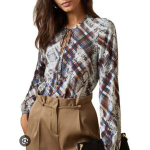 TED BAKER Lyzaa Quartz Printed Neck Tie Crossover Blouse in a multicolor L